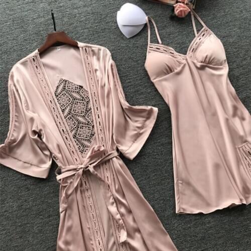 2 Pieces Sets Sexy Nightwear Erotic Silk Satin Sleepwear Nightgown Summer Bath Robes Bathrobe Lounge Wear Pijamas Night Dress