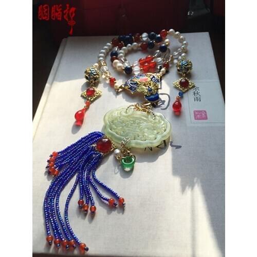 Lapis Lazuli Cloisonne Green Jade Flower Necklace Bracelet Hanfu Costume Accessories with different tassels