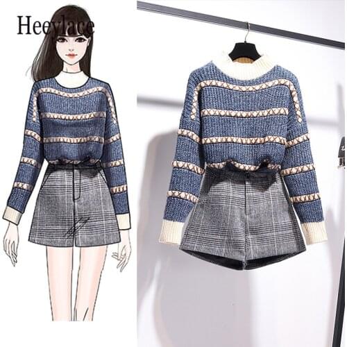Sweet Korea Clothing Sets Knitting Sweater Suits Striped Long Sleeves sweater and Shorts set Winter Two-Piece Casual Women Sets