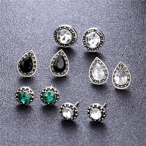 5 Pairs Women Elegant Cubic Zirconia Water Drop Crystal Stud Earrings Set Green Black Gemstones Ear Studs Jewelry