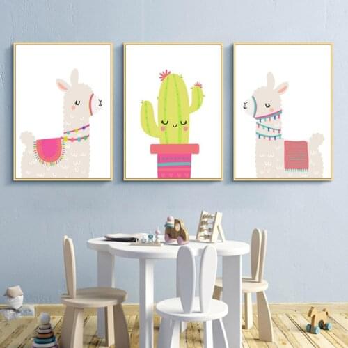 Cartoon Llama Alpaca Canvas Painting Nursery Wall Art Decoration Cactus Nordic Posters and Prints Pictures for Kids Room Decor
