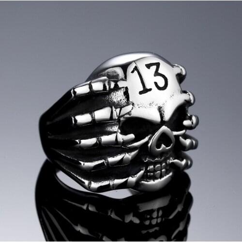 Megin D Stainless Steel Titanium Skull Hand Claw Paw Punk Number 13 Face Rings for Men Women Couple Friends Gift Jewelry Bague