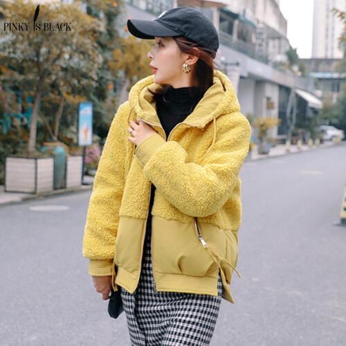 PinkyIsBlack Autumn Winter Jacket Women Coat 2020 New Short Hooded Fluff Fur Patchwork Warm Women Jacket Parka Winter Coat Women