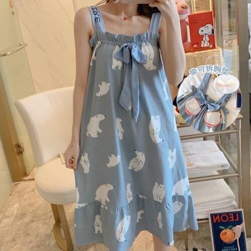 Pajamas with Chest Pad Suspenders Womens Summer Cotton Sleeveless Thin Section Ladies Over-the-knee Skirt Pajamas Home Service