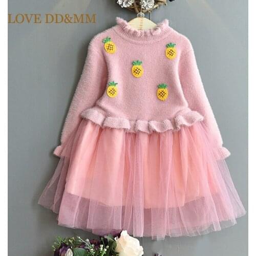 LOVE DD&MM Girl Dresses 2021 New Childrens Wear Pineapple Stitching Casual Sweater Fleece Mesh Dress Kids Clothes For Costume