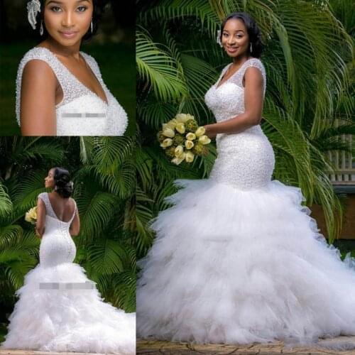 Mermaid Deep V Neck Wedding Dress African Backless Ruffles Tulle Garden Bridal Gown Custom Made Vestios De Novia
