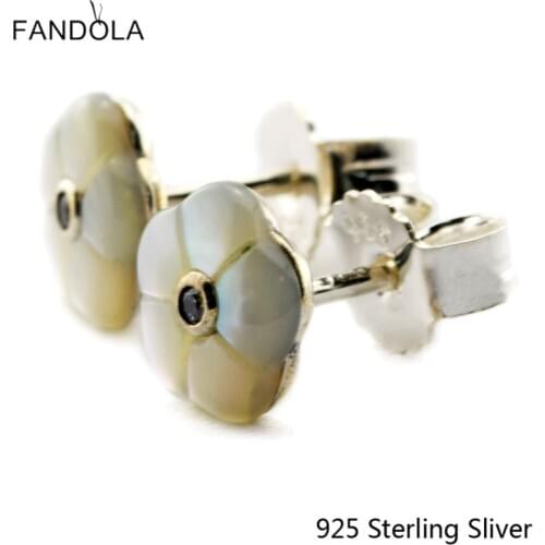 925 Sterling Silver Luminous Floral Stud Earring, Mother-Of-Pearl & Clear CZ Fit For Women Gift Europe Style Jewelry