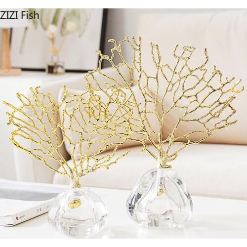 Nordic Luxury Metal Coral Decoration Gold-plated Coral Crystal Base Living Room Exquisite Handicraft Home Decoration Furnishings