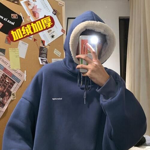 Autumn Winter Boyfriend Style Hooded Plus Velvet Thick Chic Top Korean Style Trend Student Loose Hedging Couple Hoodies