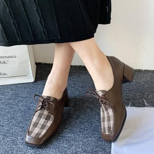 Women Oxford Flat Spring Shoes for Woman Leather Flats Summer Brogues Vintage Laces Square Heels Loafers Casual Sneakers Shoes