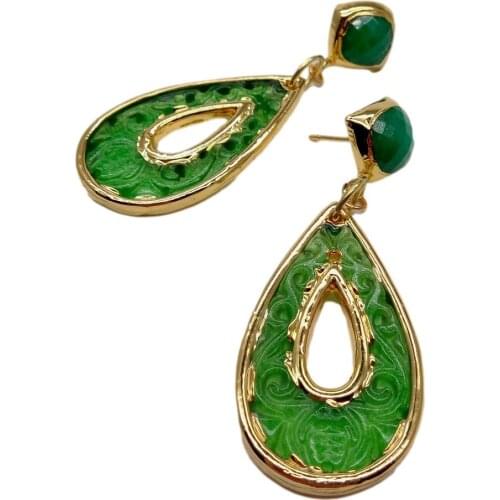 Y·YING Green Jades Carved Teardrop Shape Electroplated Edge Stud Earrings