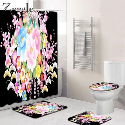 Zeegle 3D Floral Pattern Microfiber Bath Mat with Waterproof Polyester Shower Curtain Toilet Floor Mat Water Absorbing Bath Rugs