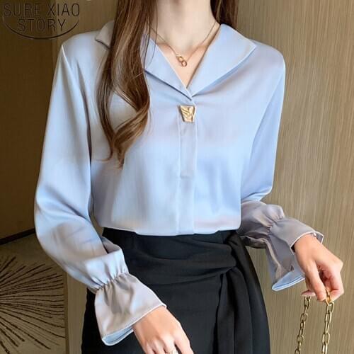 2021 Autumn New Womens Long Sleeve Fashion Korean Satin Shirts Women Solid Office Lady Elegant Loose Ladies Tops Blusas 10497