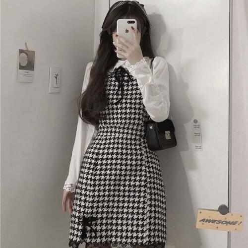 2021 Japanese Sweet Long Sleeve White Shirt Women Summer Plaid Spaghetti Strap Gothic Harujuku Mini Lolita Dress Two-Piece Suit