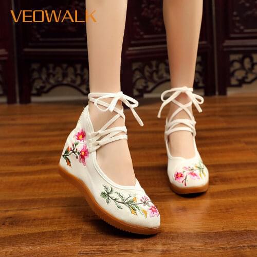 Veowalk Women Strappy Canvas Hidden Platform Shoes Chinese Embroidery Ladies Casual Sneakers Comfort Vintage Woman Walking Shoes