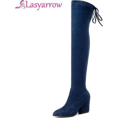 Lasyarrow Elastic Suede Over The Knee Boots Woman Pointed ToeSexy Slim Chunky High Heel Knight Boots Slip On Women Long Boots