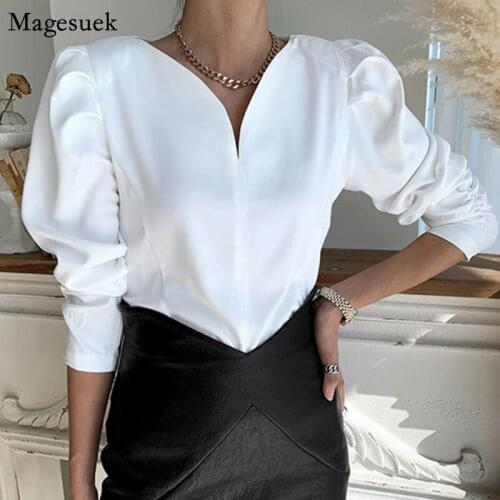 Korean Chic Pullover Woman Shirt Bubble Sleeve V-neck Long Sleeve White Blouse Women Spring New Loose Tops Blusas Mujer 12899