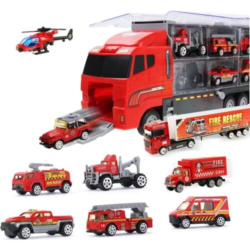 11pcs/set 2in1 Mini Diecast Fire Truck Engineering Toy Model Vehicles Carrier Truck with Ejection & Carry Function Xmas Gift