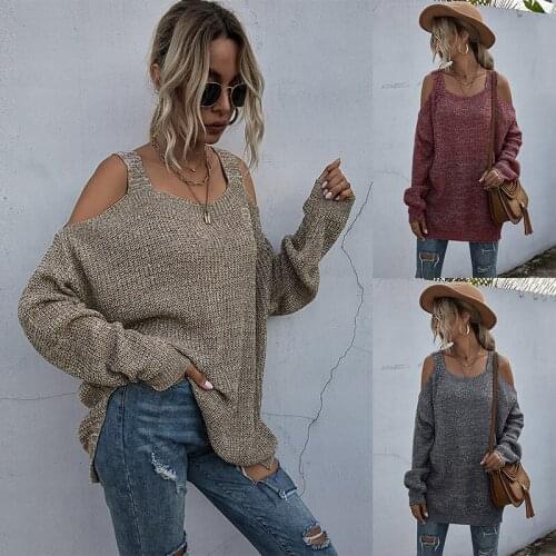 2021 Womens Solid Color Knitted Spring and Autumn Sweater Square Neck Loose Strapless Long Sleeve Off The Shoulder Sweater