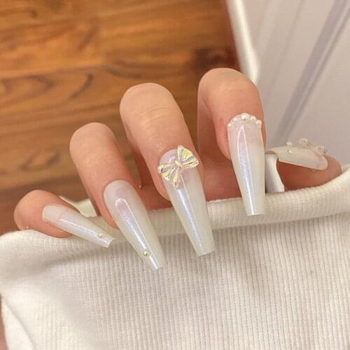 24pcs Fake Nails Pearl White Bow Wear Long Paragraph Fashion Manicure Patch False Nails Save Time Wearable Nail Patch