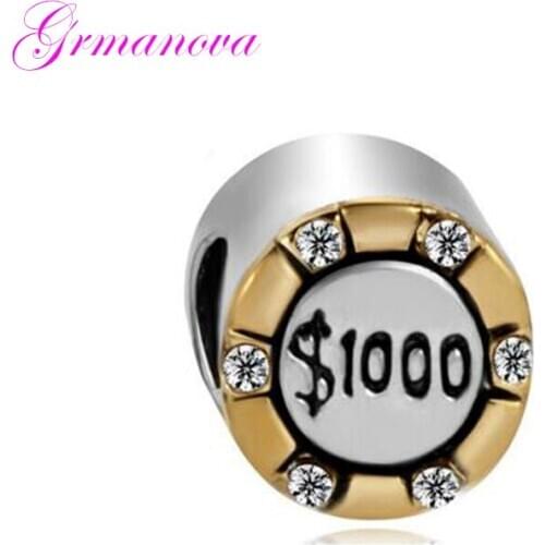 Golden entertainment coin European charm beads charm beads DIY handmade jewelry Fit Pandora Bracelet Necklace