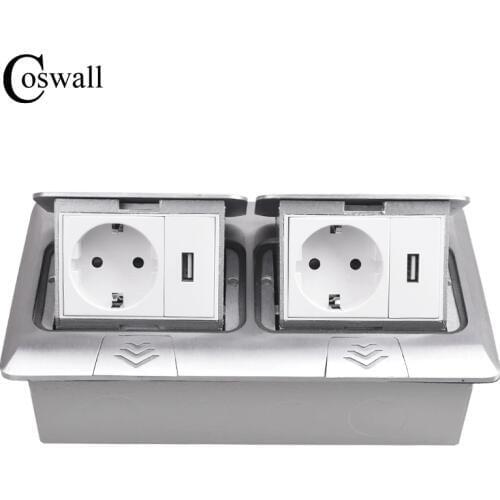 COSWALL All Aluminum Panel Pop Up Floor Socket 16A Russia Spain EU Standard Power Double Outlet With 2 USB Charging Port