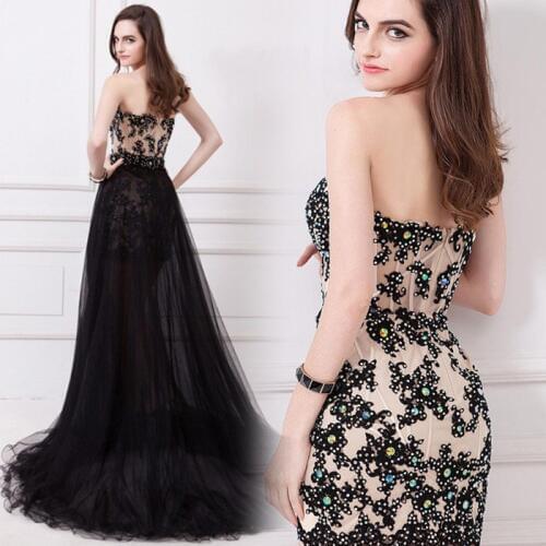 Long prom dress 2017 new hot sweetheart sexy fashion two to wear removable black short tail Long evening dress custom size