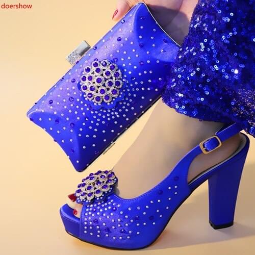 Doershow blue Shoes with Matching Bags for Wedding Women Shoes and Bag to Match for Party Nigerian Shoes and Bag Set! !SXX1-48