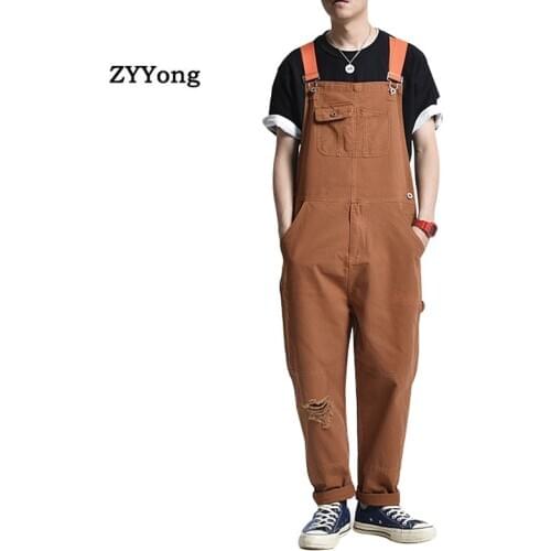 Overalls Men Bib Denim Jumpsuit Straight Ripped Jeans Hip Hop Big Pocket Cargo Pants Casual Blue Loose Trousers Clothing