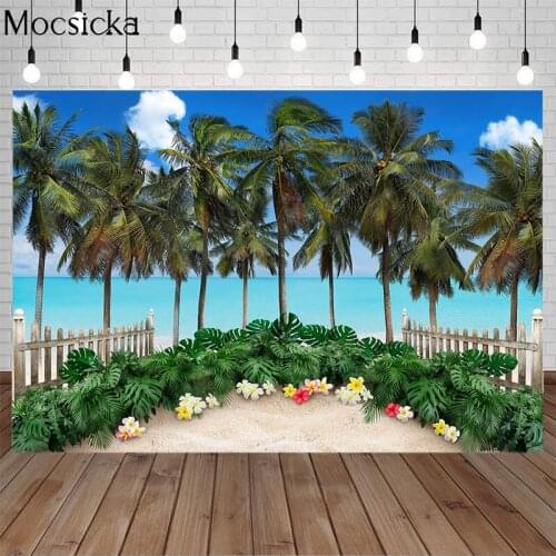 Summer Backdrops Tropical Sea Beach Palm Tree Blue Sky Hawaii Vacation Scenic Portrait Photo Background Photography Photo Studio