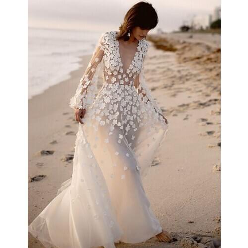 A-Line Lace Long Sleeve Wedding Dress 2021 With Flowers Tulle Sheer V Neck Boho Bridal Gowns Vestido De Novia Plus Size