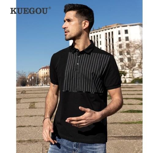 KUEGOU Clothing Mens Polo Shirts Short Sleeves Fashion Striped Polos Summer High Quality Lapel PatchworkTop Plus Size ZT-90062