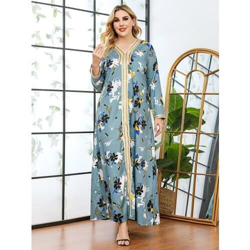 Autumn Blue Floral Maxi Dress for Women 2021 Elegant Ethnic V Collar Long Sleeve Arabic Clothes Loose Plus Size Djellaba Women