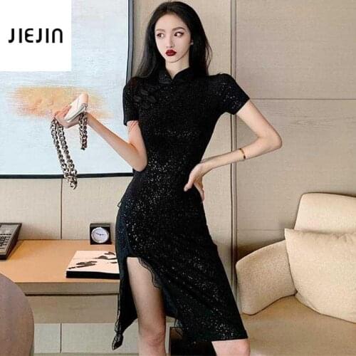 Sexy Black Punk Cheongsam Short Slim Short Sleeve Chinese Style Lace Slim Vintage Chinese Dress Women Qipao Evening Party Gown