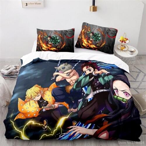 Anime Demon Slayer Bedding Set Twin Full Queen King Size Kids Adults Cartoon Duvet Cover Set Bedclothes for Home Bedroom Decor