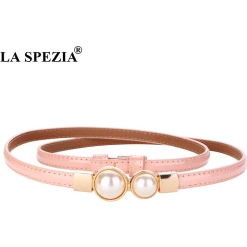 Pink Women Belt Ladies Waist Belt for Dresses Real Leather Thin Pearl Buckle Black Red Pink Gold Brand Female Waist Belt 98cm