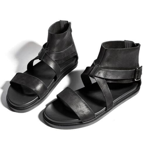 Mens high shaft fashion Roman sandals black real genuine cow leather Youth personality leisure beach sandals open toe shoes
