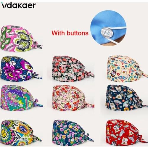 Flower printing Skull and ghost print Scrub Caps Cotton Tieback Beauty Salon Scrubs Hats nurses hats for women