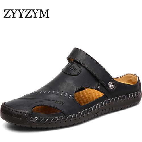 ZYYZYM Men Sandals Summer Genuine Leather Men Slipper Plus Size 38-48 Outdoor Beach Shoes Rubber Sole Men Sandals Sport