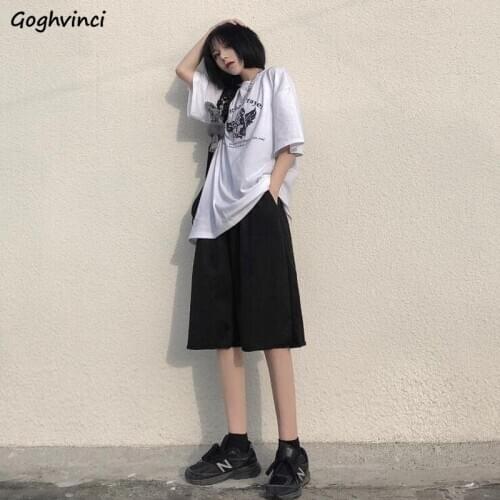 Shorts Women Summer Solid Knee-length High Waist Loose Ins Simple Leisure Fashion Female Preppy Stylish Teens Korean Style Daily