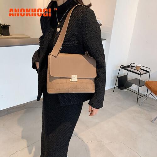 ANOKHOGI Fashion Pure Color Stone Print Shoulder Bag Big Capacity Metal Lock Casual Handbag zx172