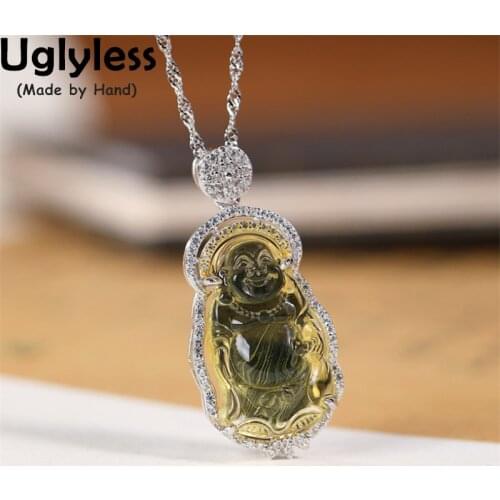 Uglyless Always Laughing Maitreya Necklaces Women Luxury Advanced Natural Blue Amber Buddha Pendants Crystals Jewelry 925 Silver