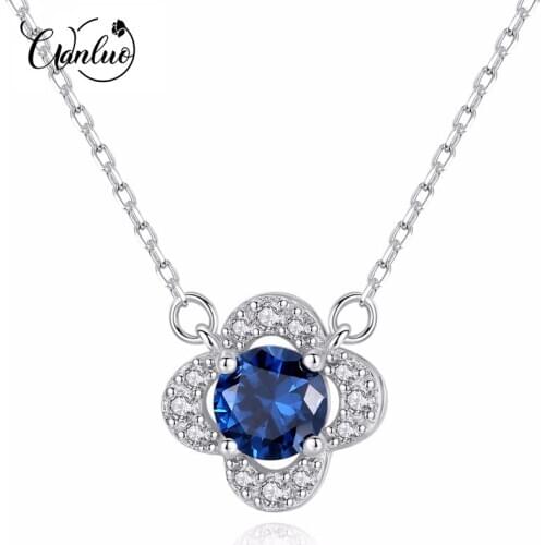 WL Topaz Pendant Necklace Plated Fine 925 Sterling Silver Flower Shape & Blue Geometirc Topaz Necklace for Women Party Jewelry