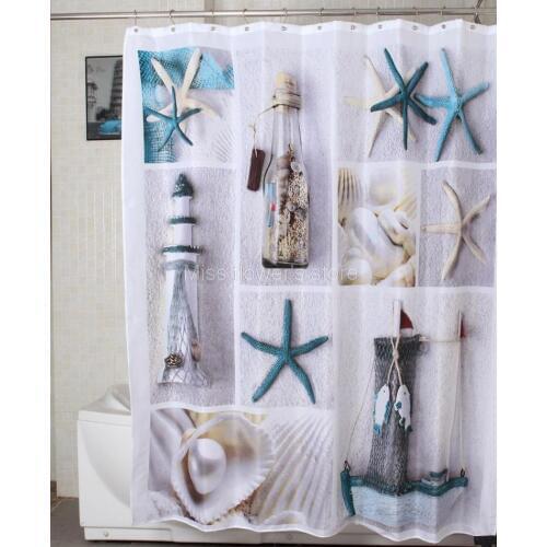 Sea Shell Starfish Drift Bottle Fishing Boat Pattern Shower Curtain Bathroom Waterproof Mildewproof Polyester Fabric 180cm