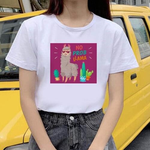 Lovely alpaca Print T-shirts Women Summer 2021 Top Graphic Tees Funny Shirts for Women Loose O Neck Harajuku Tops for Teens