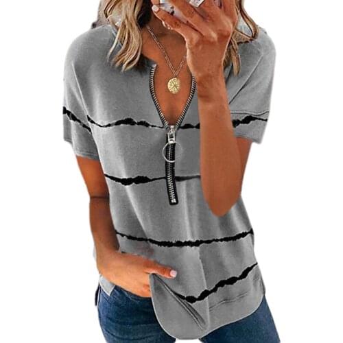 Striped Office Tunic Tops For Ladies 2021 Summer White Tops Womens Fashion Casual Zipper Round Neck Loose Short-Sleeved Tops