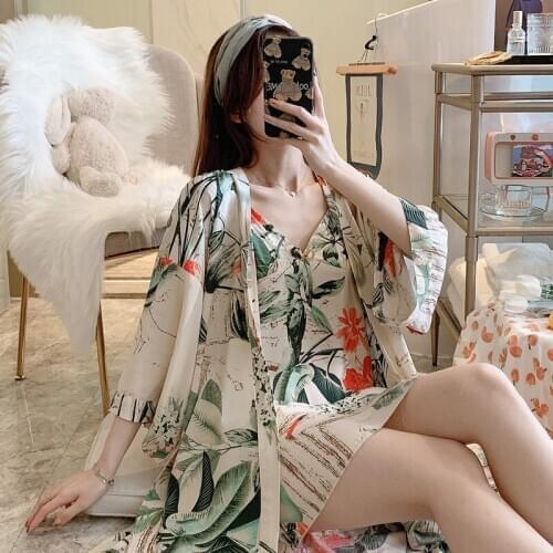 2021 New Cotton Silk Nightgown Womens Spring Autumn Cotton Silk Nightgown with Breast Pad Two Piece Artificial Cotton Sling