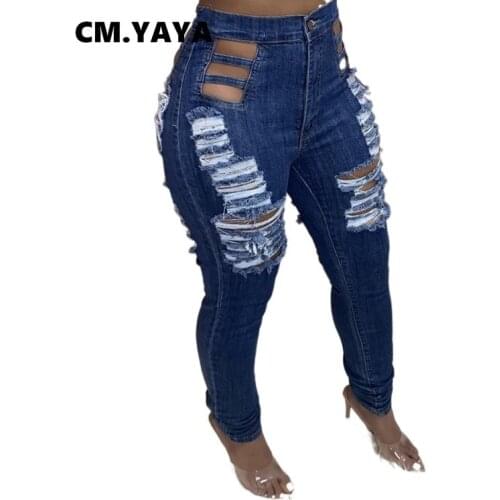 CM.YAYA Women Jeans Hole Ripped Mid Waist Sheahth Elastic Long Pencil Denim Pants Female Casual Fashion Streetwear Summer 2021