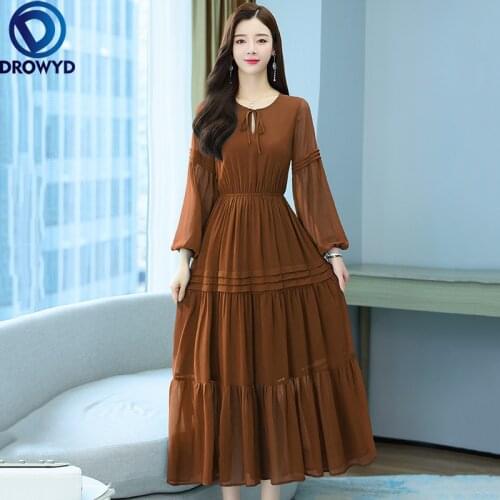 2021 New Autumn Beach Boho Maxi Dress Women Fashion Brown O-neck Long Sleeve Chiffon Long Dress for Women Elegant Party Vestidos