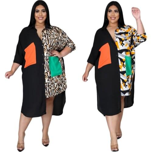 RStylish 2021 Fall Fashion Color Patchwork Button Single-Breasted Asymmetrical Women Shirt Midi Dress